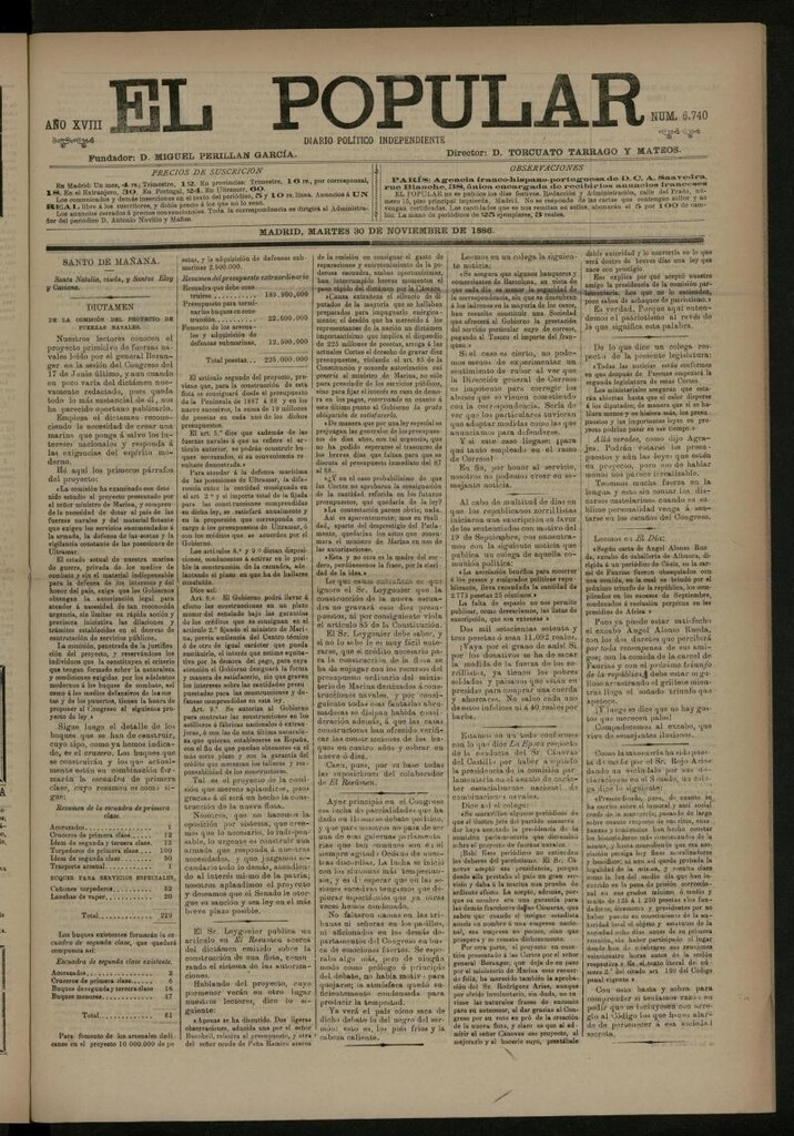 Miniatura de El Popular: diario independiente, político, literario y de noticias de interés general del 30 de noviembre de 1886, nº 6740