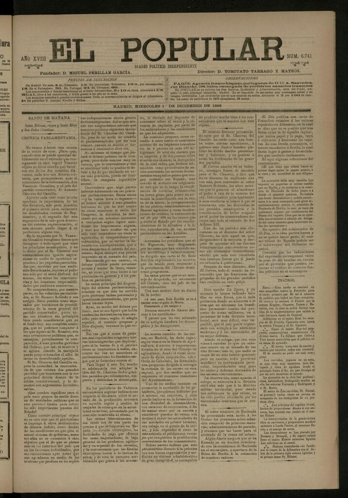 Miniatura de El Popular: diario independiente, político, literario y de noticias de interés general del 1 de diciembre de 1886, nº 6741