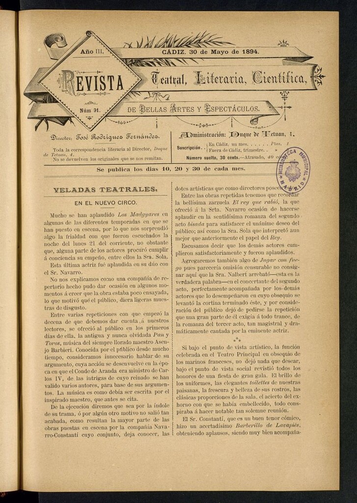 Miniatura de Revista Teatral, Literaria, Científica, de Bellas Artes y Espectáculos. Nº 91