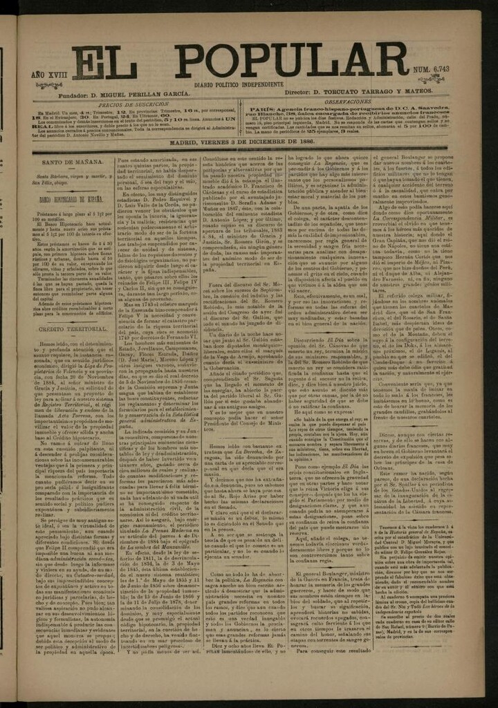 Miniatura de El Popular: diario independiente, político, literario y de noticias de interés general del 3 de diciembre de 1886, nº 6743