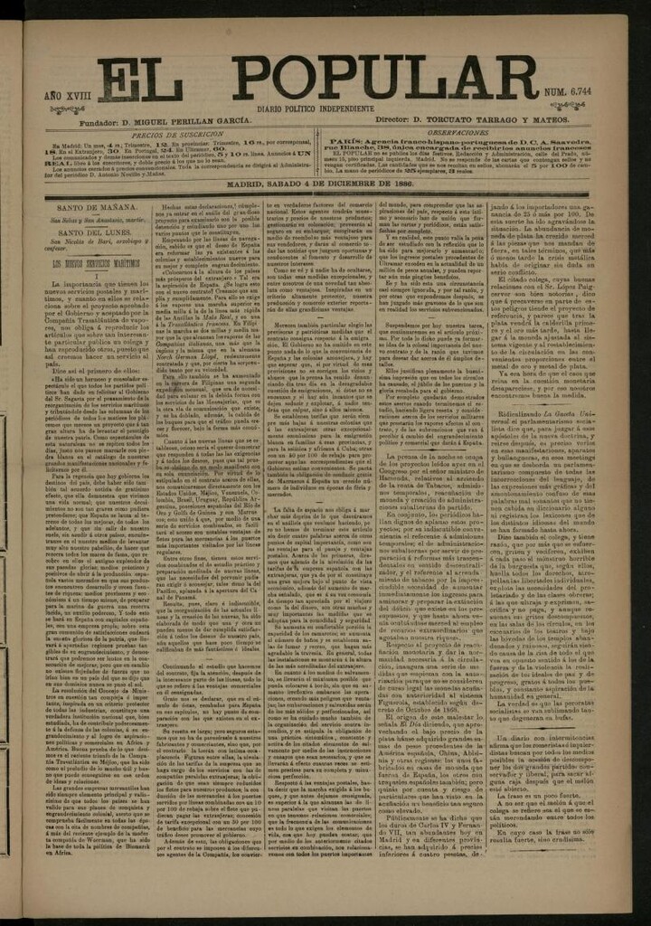 Miniatura de El Popular: diario independiente, político, literario y de noticias de interés general del 4 de diciembre de 1886, nº 6744