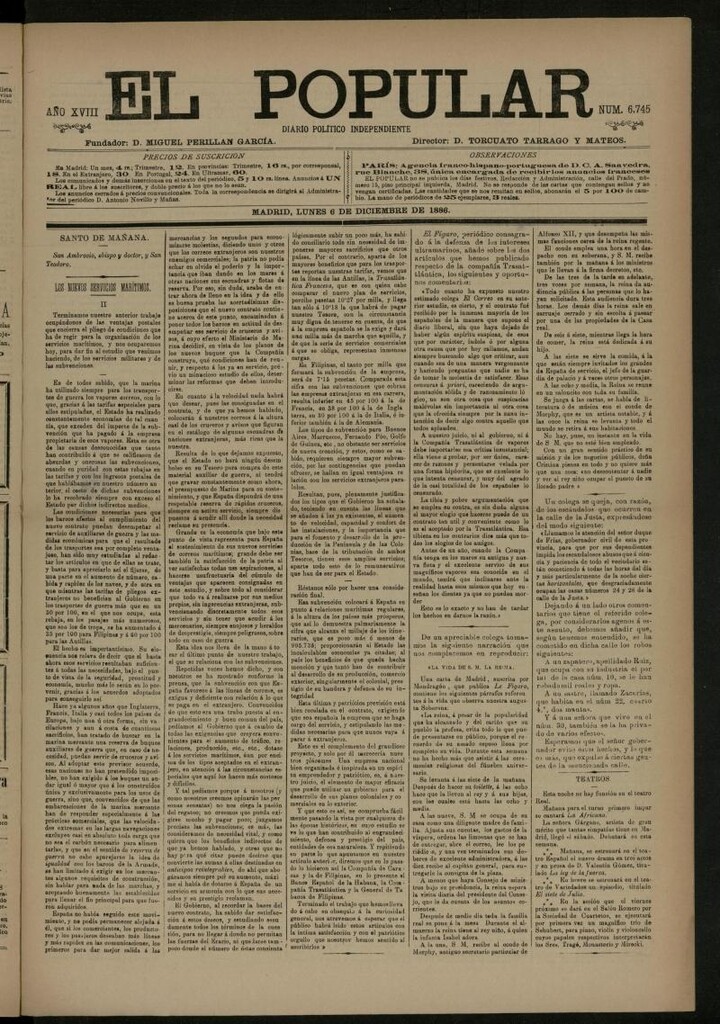 Miniatura de El Popular: diario independiente, político, literario y de noticias de interés general del 6 de diciembre de 1886, nº 6745