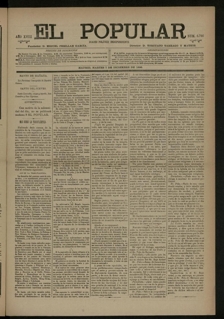 Miniatura de El Popular: diario independiente, político, literario y de noticias de interés general del 7 de diciembre de 1886, nº 6746
