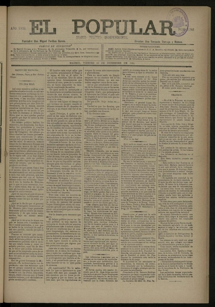 Miniatura de El Popular: diario independiente, político, literario y de noticias de interés general del 10 de diciembre de 1886, nº 6748