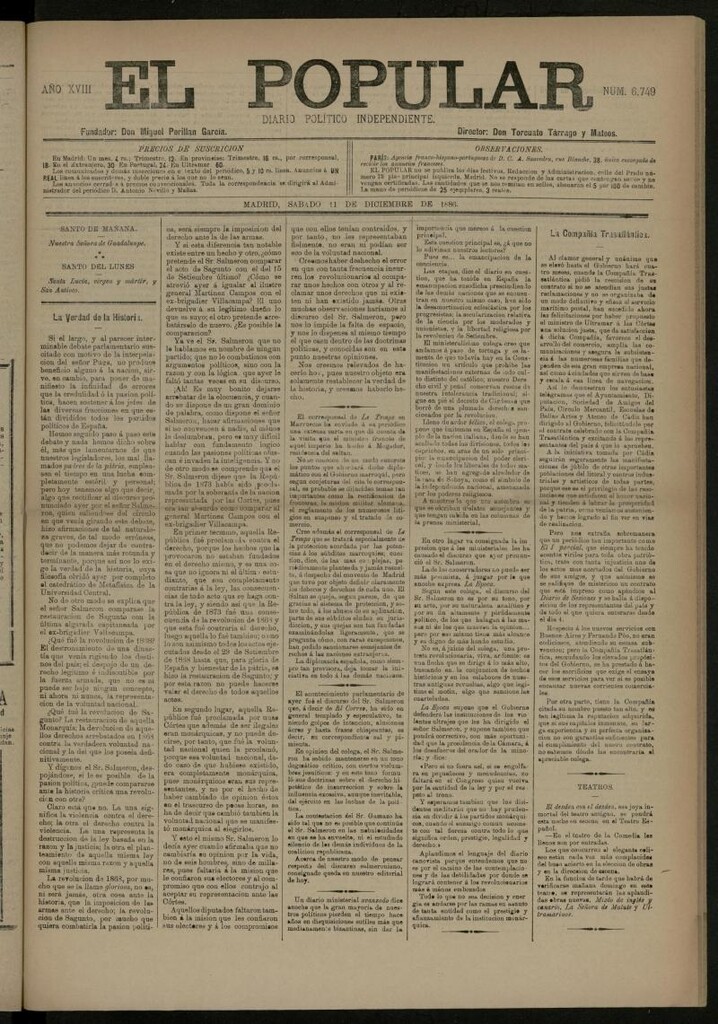 Miniatura de El Popular: diario independiente, político, literario y de noticias de interés general del 11 de diciembre de 1886, nº 6749