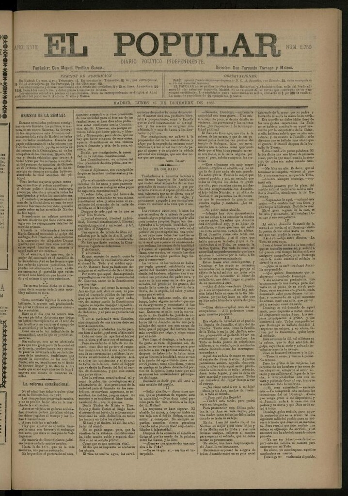 Miniatura de El Popular: diario independiente, político, literario y de noticias de interés general del 13 de diciembre de 1886, nº 6750