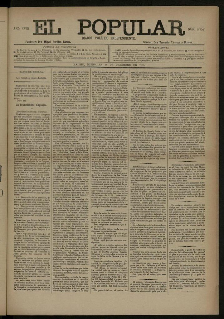 Miniatura de El Popular: diario independiente, político, literario y de noticias de interés general del 15 de diciembre de 1886, nº 6752