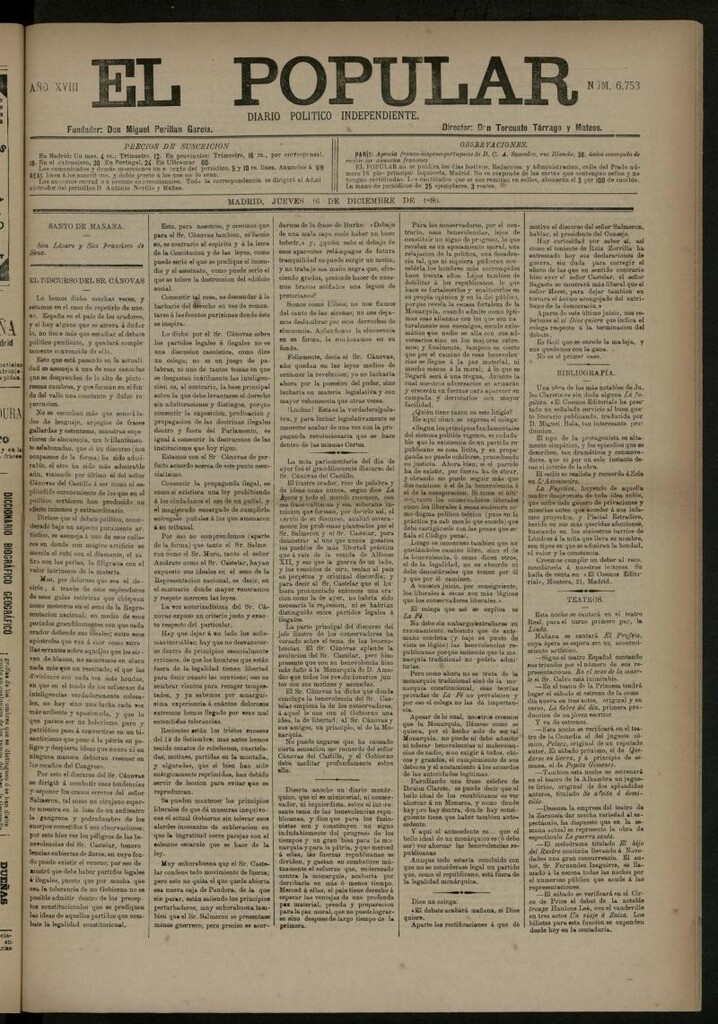 Miniatura de El Popular: diario independiente, político, literario y de noticias de interés general del 16 de diciembre de 1886, nº 6753