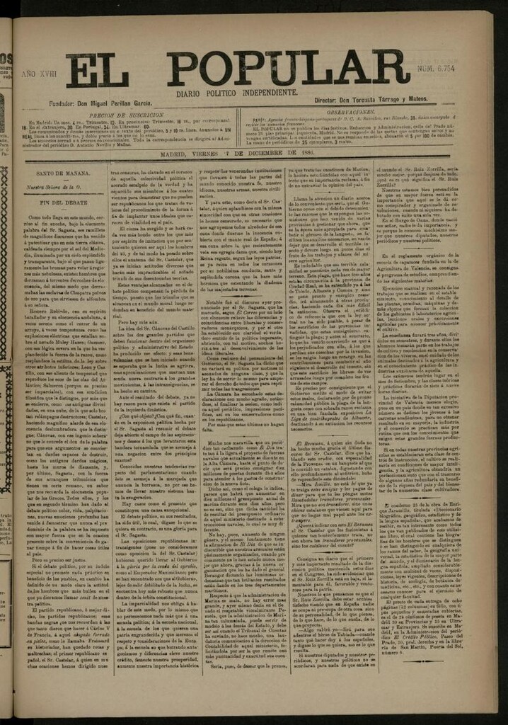 Miniatura de El Popular: diario independiente, político, literario y de noticias de interés general del 17 de diciembre de 1886, nº 6754