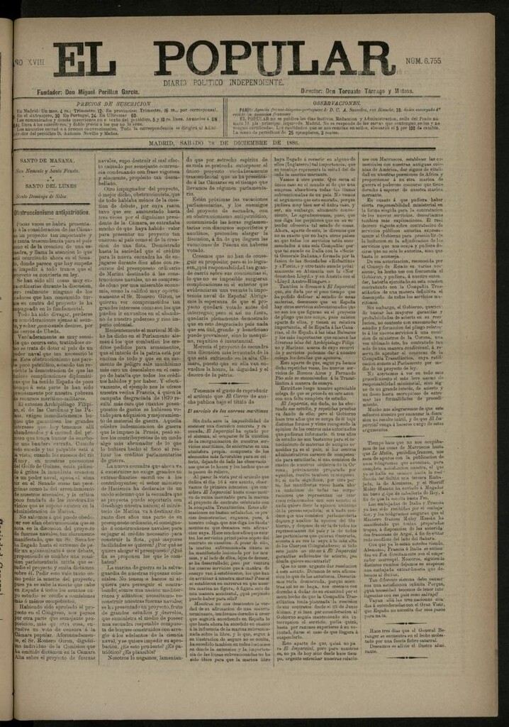 Miniatura de El Popular: diario independiente, político, literario y de noticias de interés general del 18 de diciembre de 1886, nº 6755