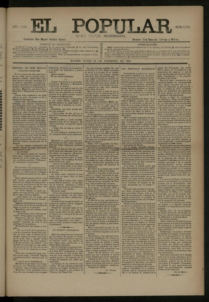 Miniatura de El Popular: diario independiente, político, literario y de noticias de interés general del 20 de diciembre de 1886, nº 6756
