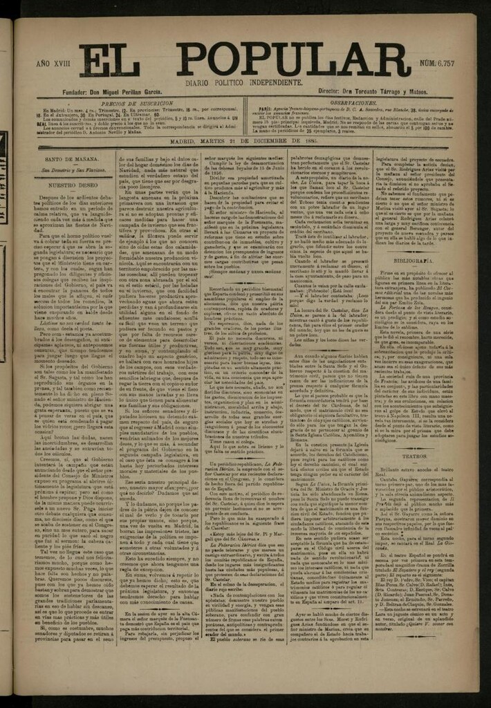 Miniatura de El Popular: diario independiente, político, literario y de noticias de interés general del 21 de diciembre de 1886, nº 6757