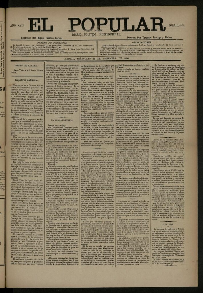 Miniatura de El Popular: diario independiente, político, literario y de noticias de interés general del 22 de diciembre de 1886, nº 6758