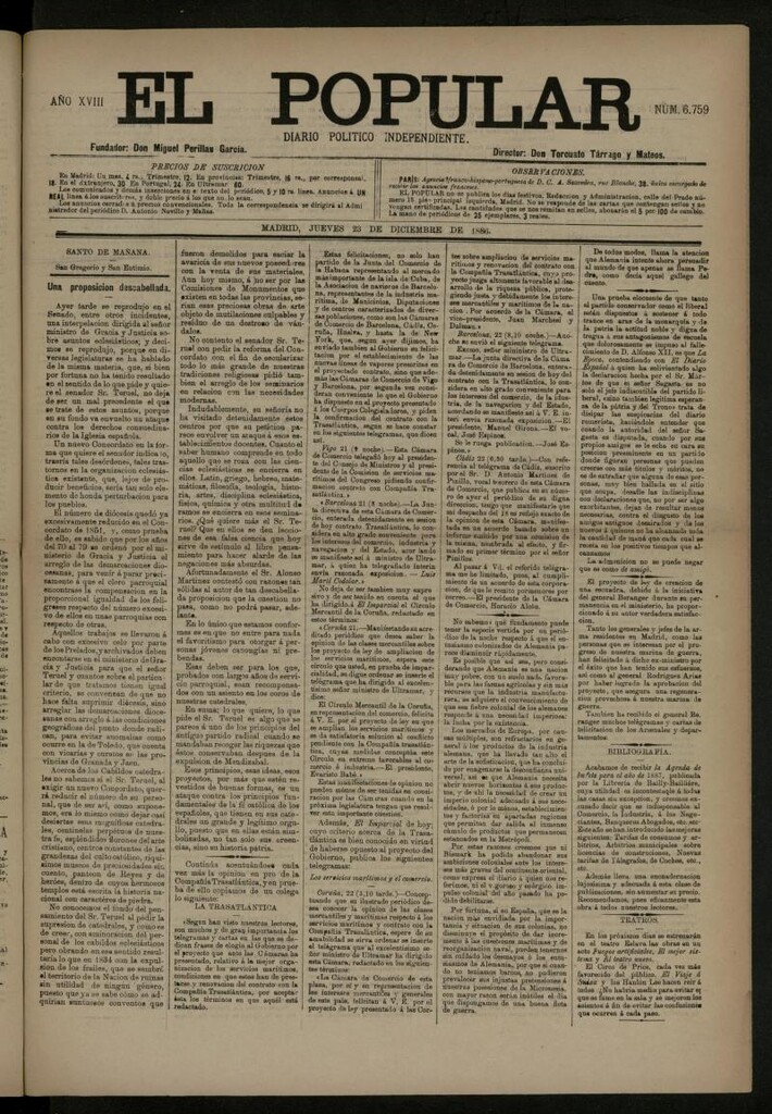 Miniatura de El Popular: diario independiente, político, literario y de noticias de interés general del 23 de diciembre de 1886, nº 6759
