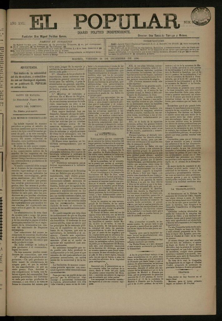 Miniatura de El Popular: diario independiente, político, literario y de noticias de interés general del 24 de diciembre de 1886, nº 6760