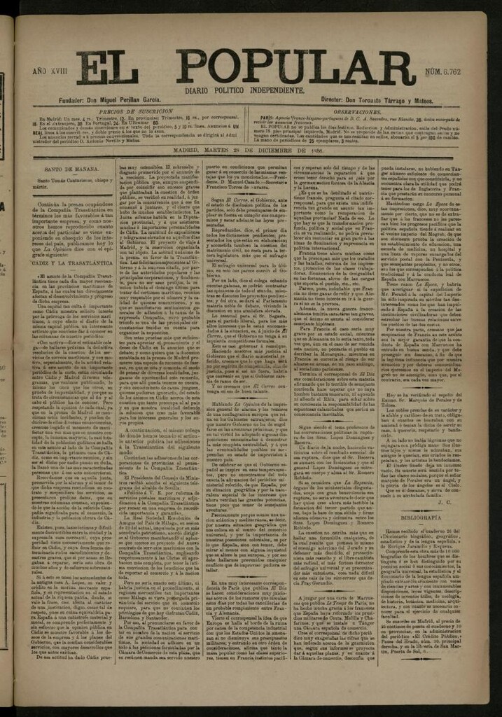 Miniatura de El Popular: diario independiente, político, literario y de noticias de interés general del 28 de diciembre de 1886, nº 6762