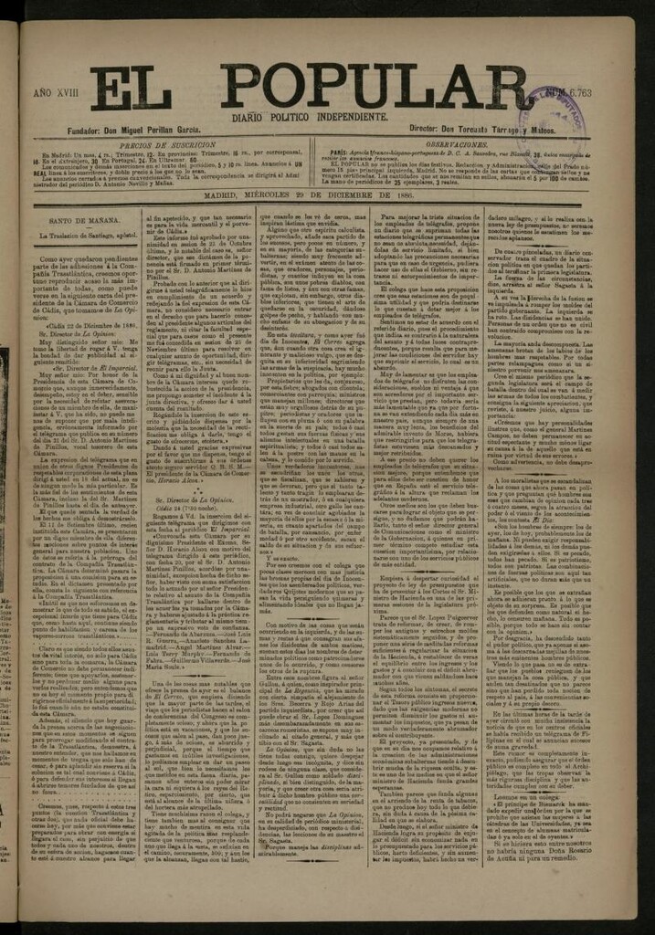 Miniatura de El Popular: diario independiente, político, literario y de noticias de interés general del 29 de diciembre de 1886, nº 6763