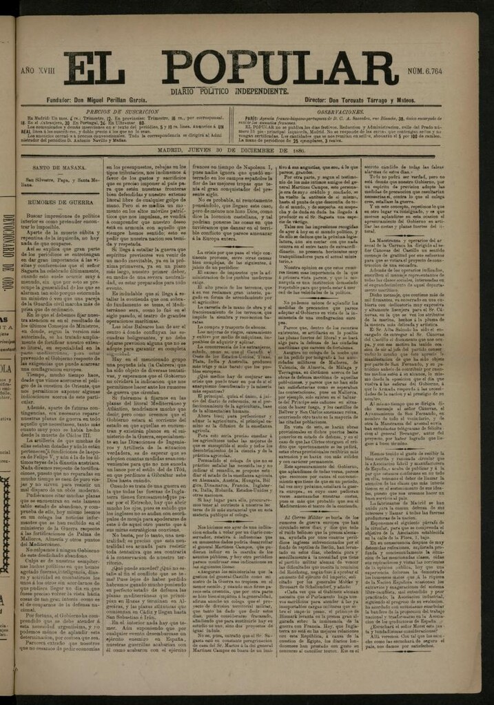 Miniatura de El Popular: diario independiente, político, literario y de noticias de interés general del 30 de diciembre de 1886, nº 6764