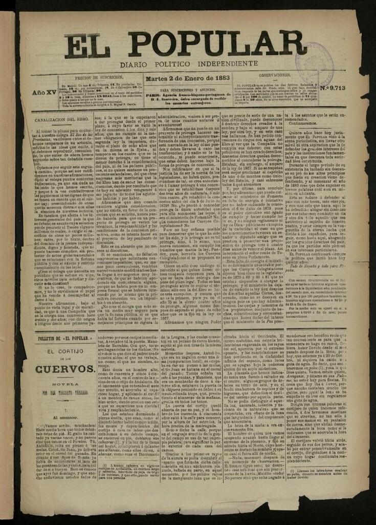 Miniatura de El Popular: diario independiente, político, literario y de noticias de interés general del 2 de enero de 1883, nº 9713