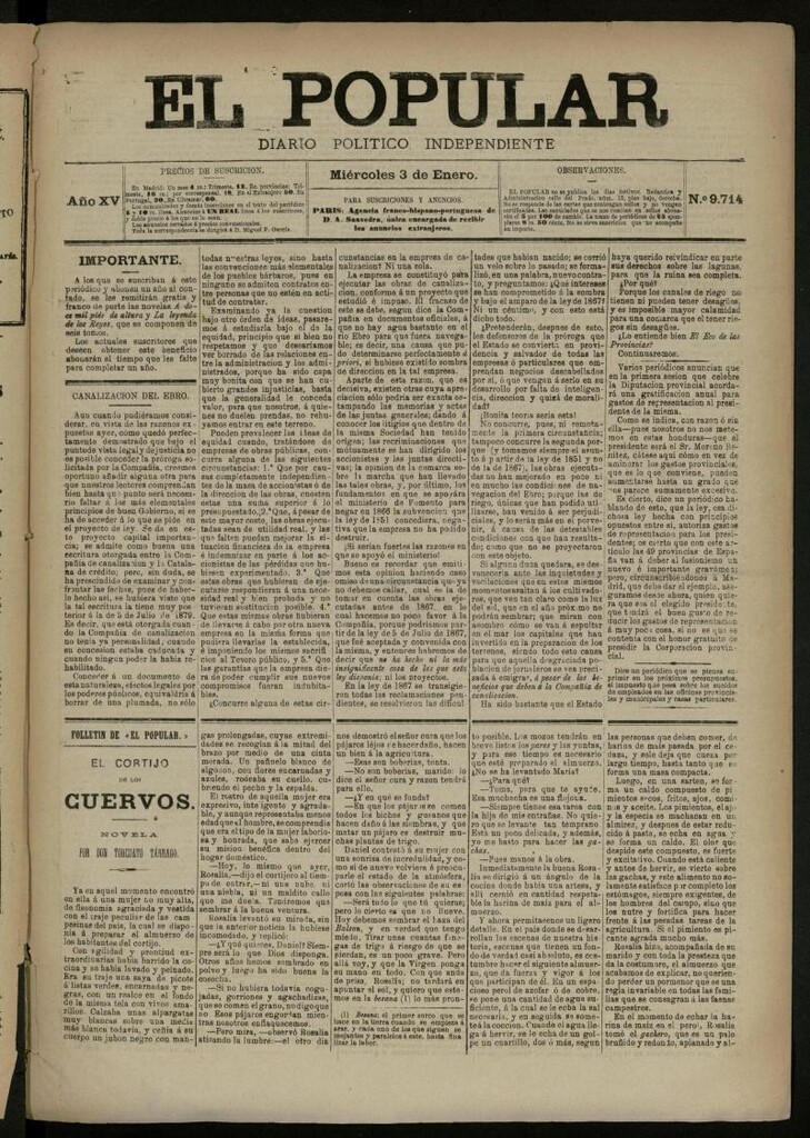 Miniatura de El Popular: diario independiente, político, literario y de noticias de interés general del 3 de enero de 1883, nº 9714
