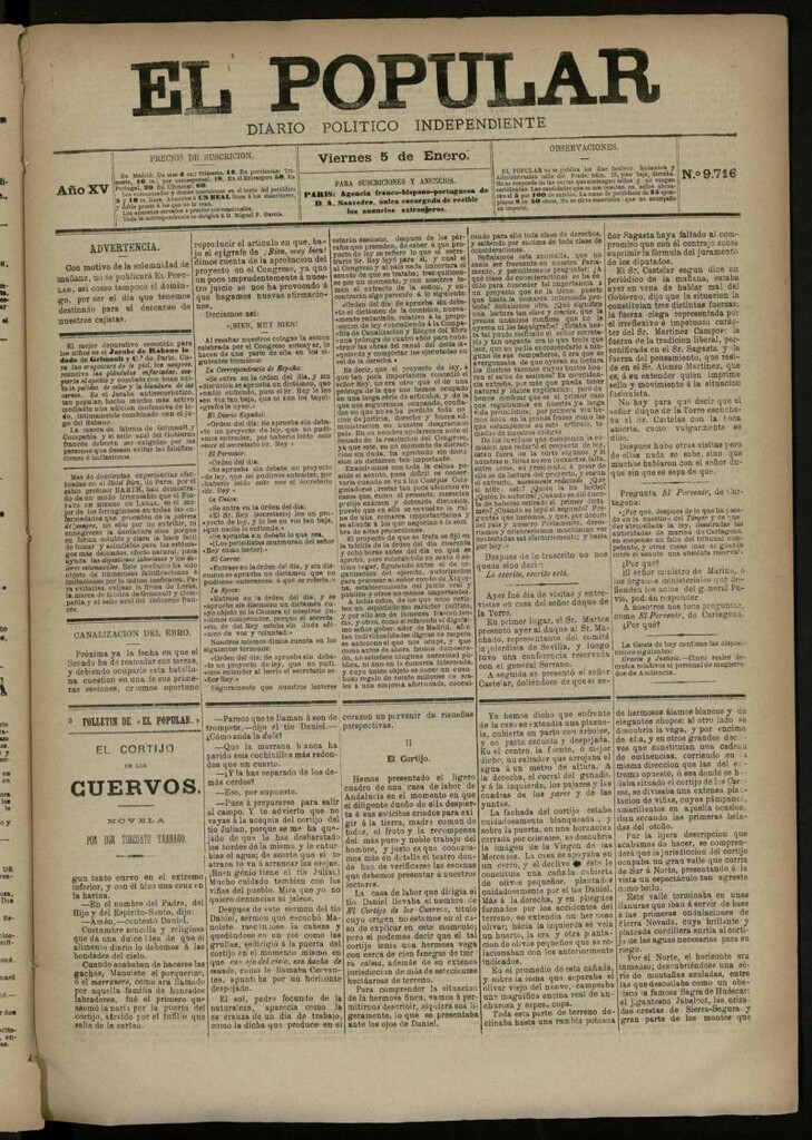 Miniatura de El Popular: diario independiente, político, literario y de noticias de interés general del 5 de enero de 1883, nº 9716