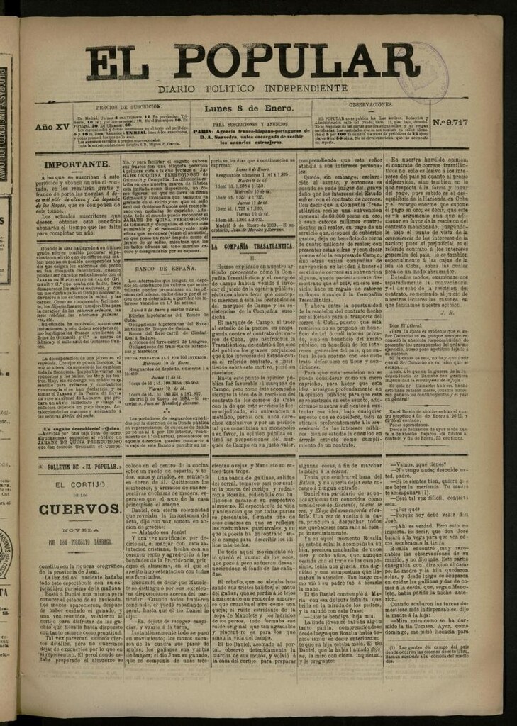Miniatura de El Popular: diario independiente, político, literario y de noticias de interés general del 8 de enero de 1883, nº 9717
