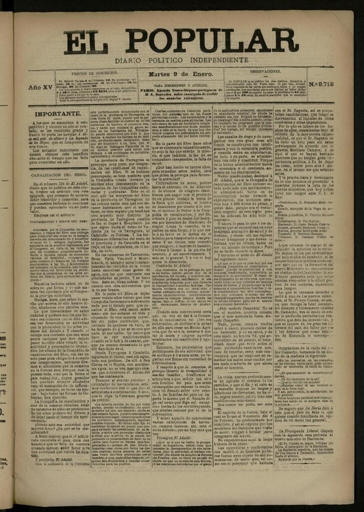 Miniatura de El Popular: diario independiente, político, literario y de noticias de interés general del 9 de enero de 1883, nº 9718