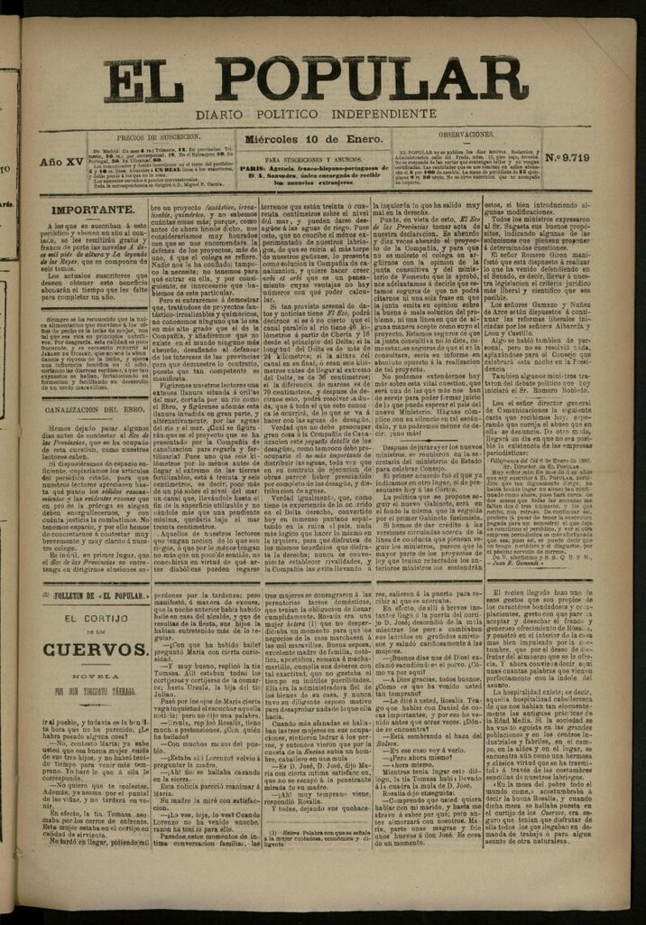 Miniatura de El Popular: diario independiente, político, literario y de noticias de interés general del 10 de enero de 1883, nº 9719