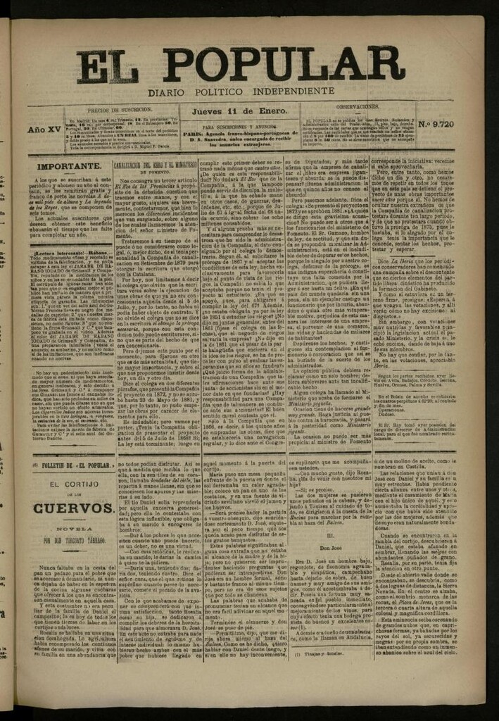 Miniatura de El Popular: diario independiente, político, literario y de noticias de interés general del 11 de enero de 1883, nº 9720