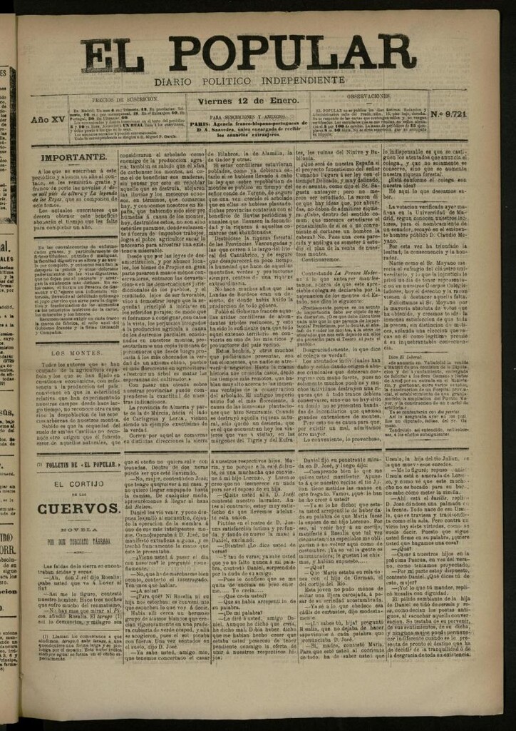Miniatura de El Popular: diario independiente, político, literario y de noticias de interés general del 12 de enero de 1883, nº 9721