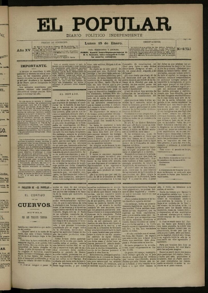 Miniatura de El Popular: diario independiente, político, literario y de noticias de interés general del 15 de enero de 1883, nº 9723