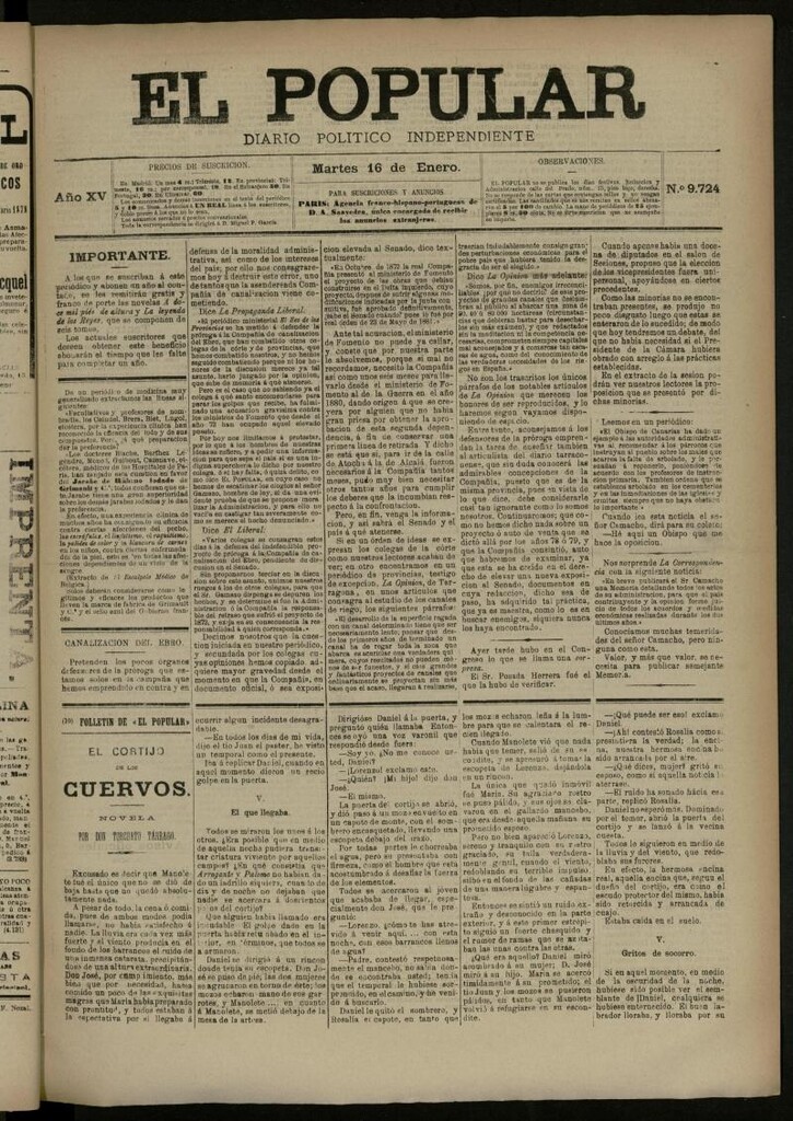 Miniatura de El Popular: diario independiente, político, literario y de noticias de interés general del 16 de enero de 1883, nº 9724