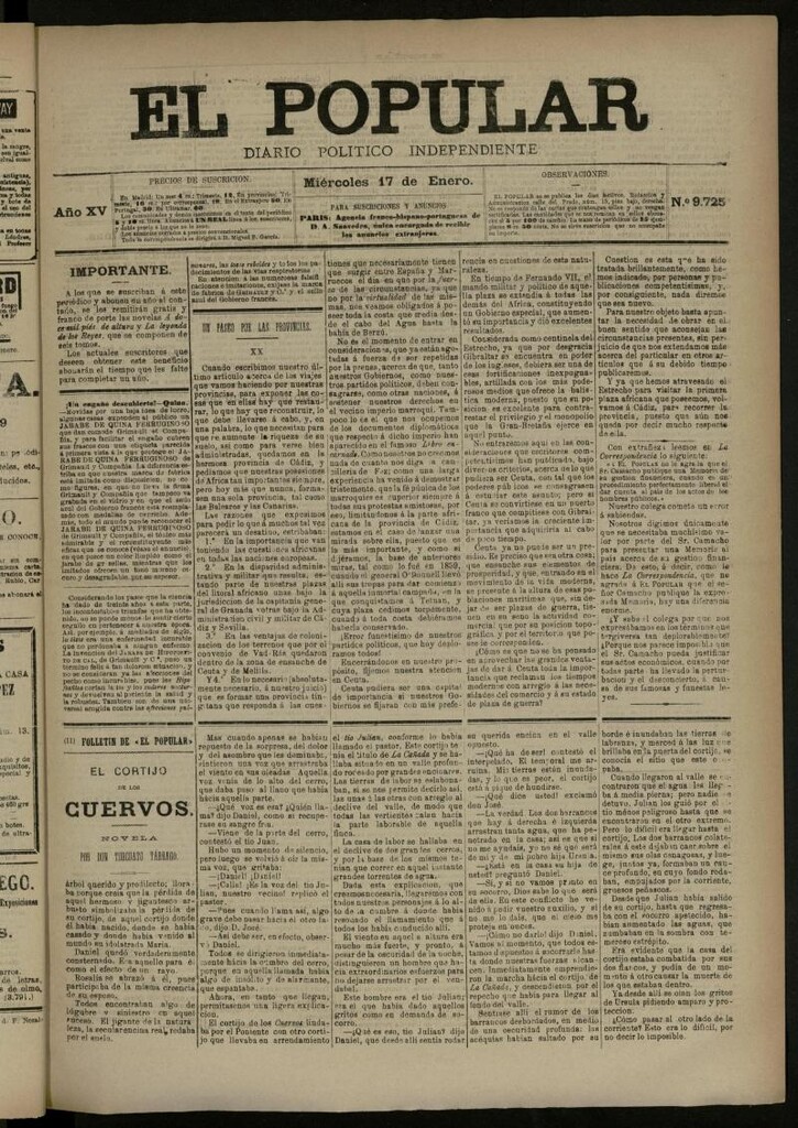 Miniatura de El Popular: diario independiente, político, literario y de noticias de interés general del 17 de enero de 1883, nº 9725