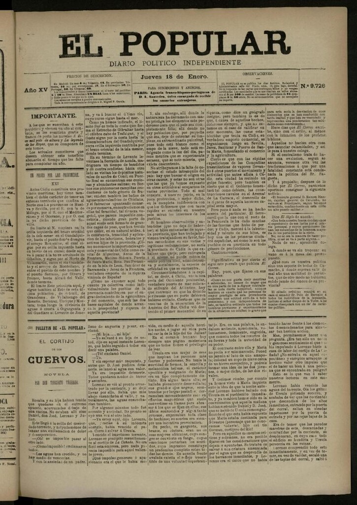 Miniatura de El Popular: diario independiente, político, literario y de noticias de interés general del 18 de enero de 1883, nº 9726