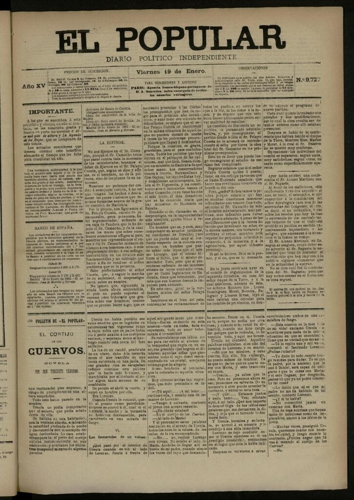 Miniatura de El Popular: diario independiente, político, literario y de noticias de interés general del 19 de enero de 1883, nº 9727