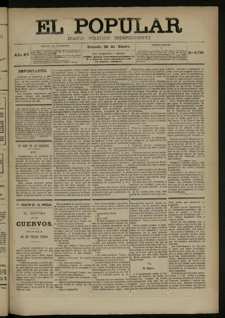 Miniatura de El Popular: diario independiente, político, literario y de noticias de interés general del 20 de enero de 1883, nº 9728
