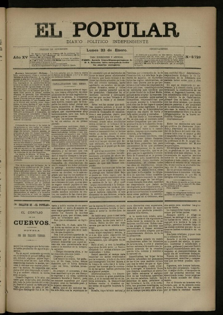Miniatura de El Popular: diario independiente, político, literario y de noticias de interés general del 22 de enero de 1883, nº 9729