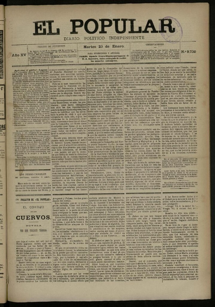 Miniatura de El Popular: diario independiente, político, literario y de noticias de interés general del 23 de enero de 1883, nº 9730