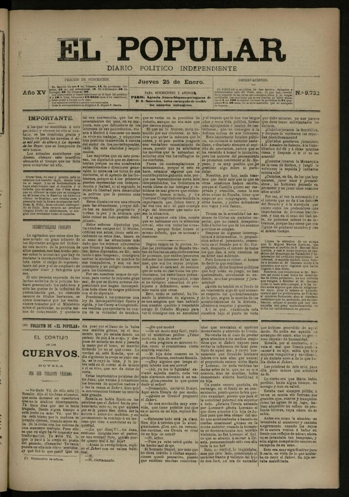 Miniatura de El Popular: diario independiente, político, literario y de noticias de interés general del 25 de enero de 1883, nº 9732