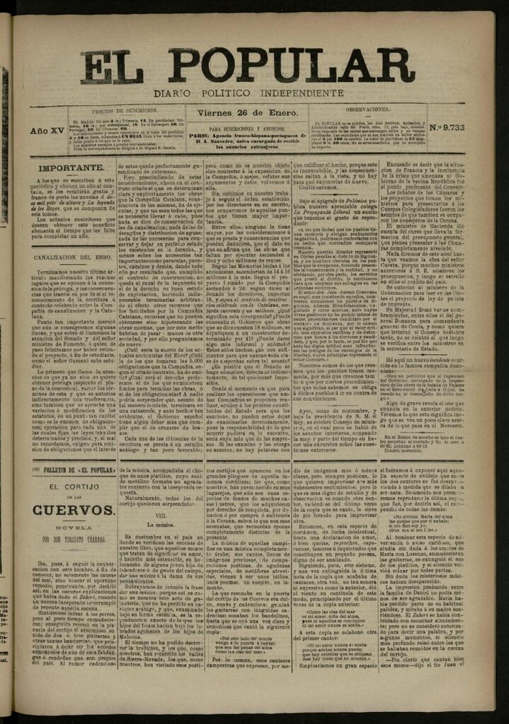 Miniatura de El Popular: diario independiente, político, literario y de noticias de interés general del 26 de enero de 1883, nº 9733