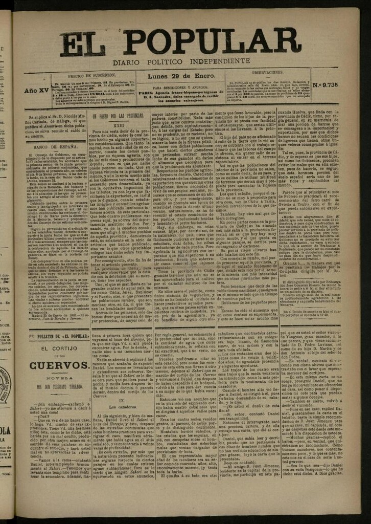 Miniatura de El Popular: diario independiente, político, literario y de noticias de interés general del 29 de enero de 1883, nº 9735