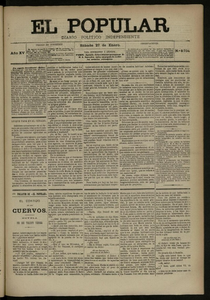 Miniatura de El Popular: diario independiente, político, literario y de noticias de interés general del 27 de enero de 1883, nº 9734