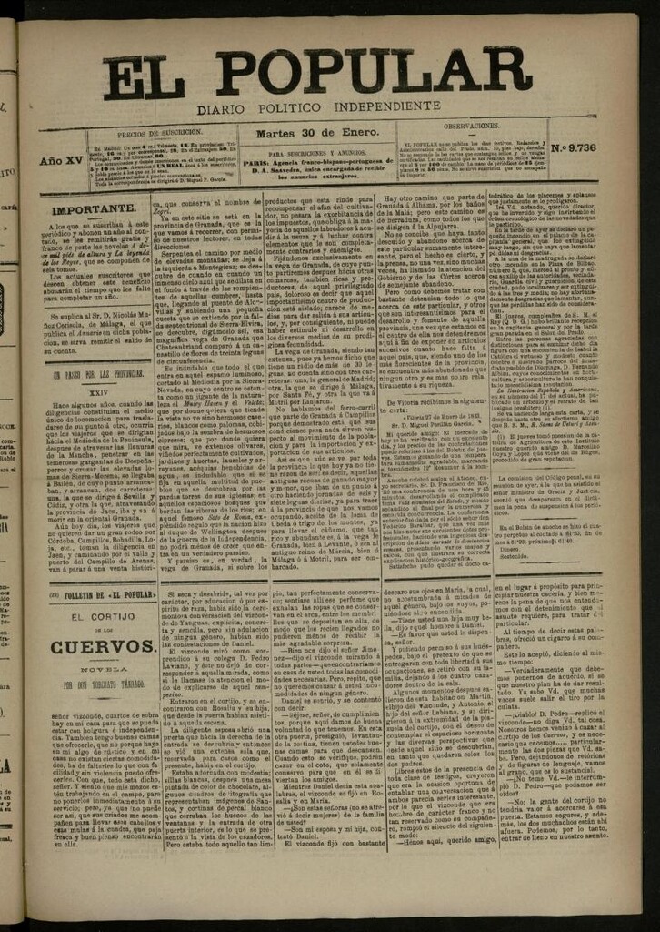 Miniatura de El Popular: diario independiente, político, literario y de noticias de interés general del 30 de enero de 1883, nº 9736