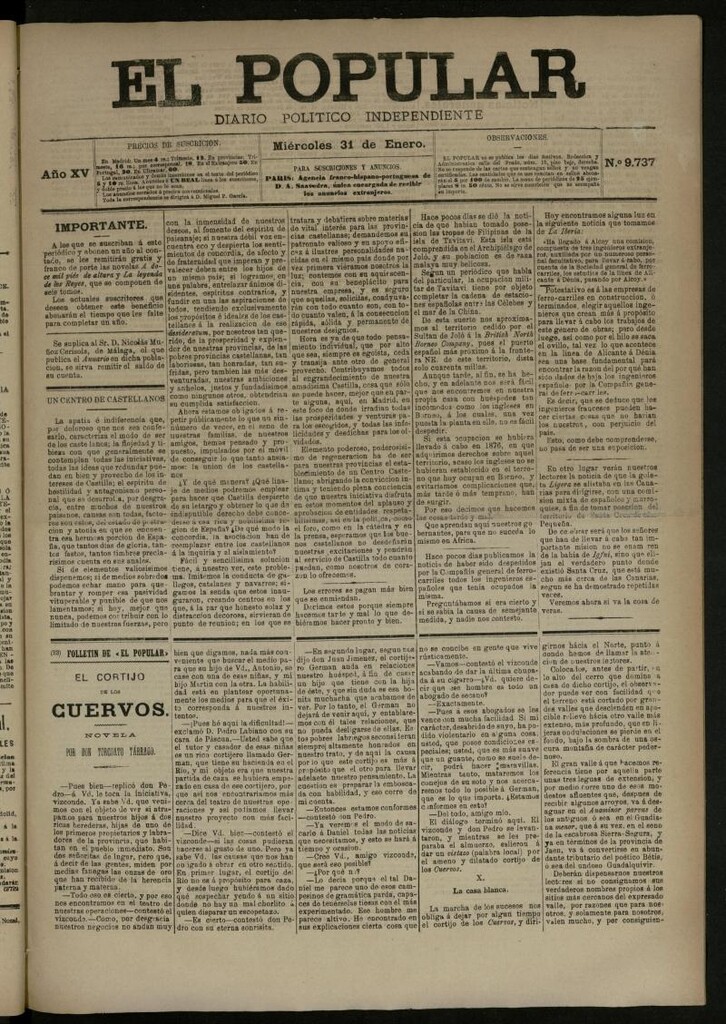 Miniatura de El Popular: diario independiente, político, literario y de noticias de interés general del 31 de enero de 1883, nº 9737