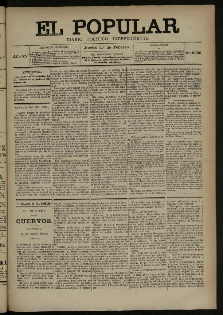Miniatura de El Popular: diario independiente, político, literario y de noticias de interés general del 1 de febrero de 1883, nº 9738