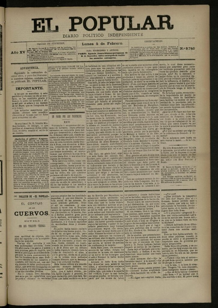 Miniatura de El Popular: diario independiente, político, literario y de noticias de interés general del 5 de febrero de 1883, nº 9740