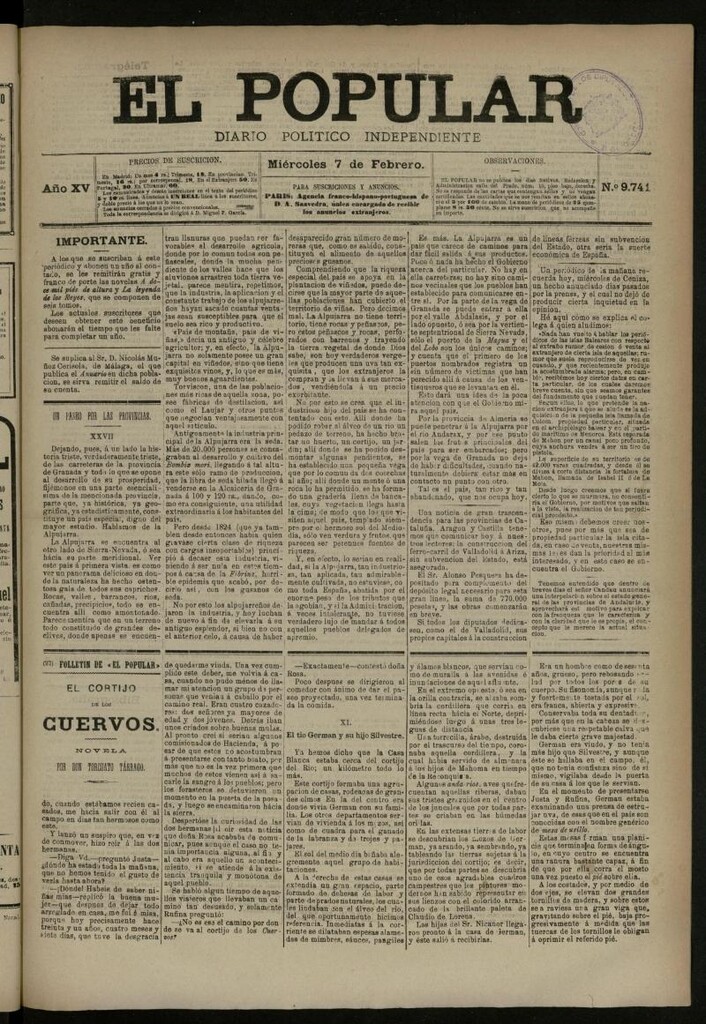 Miniatura de El Popular: diario independiente, político, literario y de noticias de interés general del 7 de febrero de 1883, nº 9741