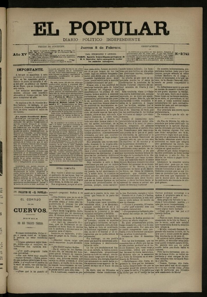 Miniatura de El Popular: diario independiente, político, literario y de noticias de interés general del 8 de febrero de 1883, nº 9742