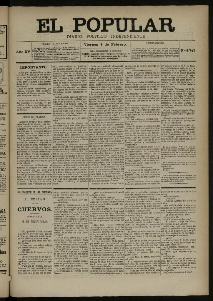 Miniatura de El Popular: diario independiente, político, literario y de noticias de interés general del 9 de febrero de 1883, nº 9743