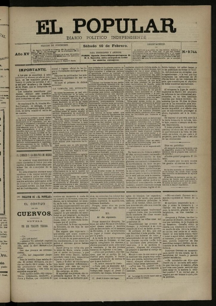 Miniatura de El Popular: diario independiente, político, literario y de noticias de interés general del 10 de febrero de 1883, nº 9744